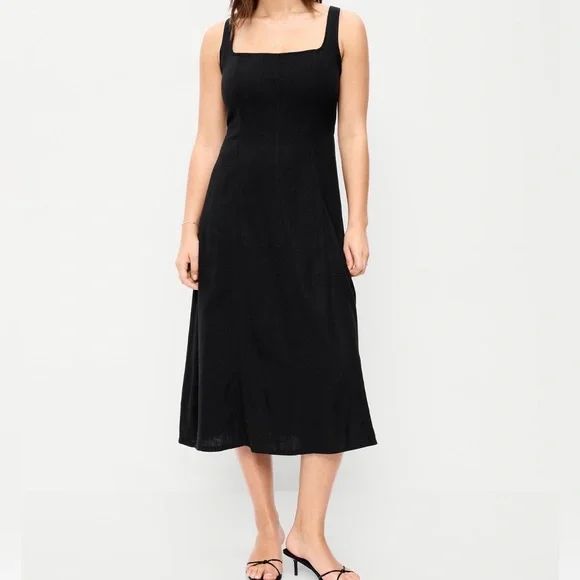 Fit & Flare Black Linen blend Midi Dress L - Picture 1 of 9